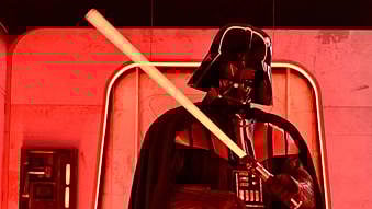 FILE - A Darth Vader costumed character poses at the Hasbro and Amazon Star Wars interactive Imperial March experience at the Empire State Building on Thursday, March 21, 2024, in New York.