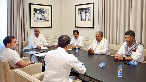 Congress President Mallikarjun Kharge, LoP in the Lok Sabha and party leader Rahul Gandhi, and party leader KC Venugopal with Karnataka Chief Minister Siddaramaiah and Deputy CM DK Shivakumar during a meeting at the party HQ in New Delhi on Tuesday, June 10, 2025.