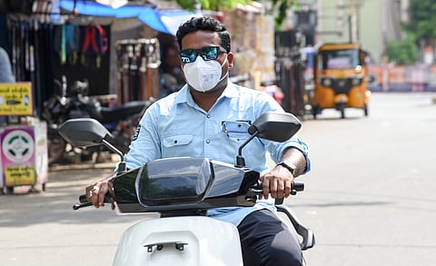Man wearing mask to protect from Covid in Tiruchy on Tuesday.