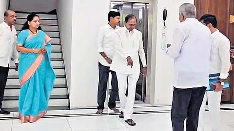 BRS chief K Chandrasekhar Rao leaves his Erravalli farmhouse on Wednesday to depose before the PC Ghose Commission.