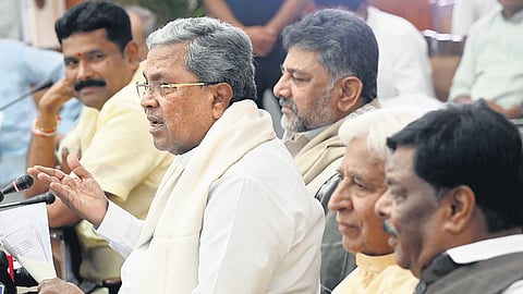 Chief Minister Siddaramaiah, along with ministers, briefs the media after the Cabinet meeting in Vidhana Soudha in Bengaluru on Thursday.