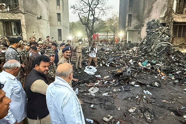 Amit Shah along with Civil Aviation Minister Ram Mohan Naidu takes stock of the situation following the Air India plane crash, in Ahmedabad.