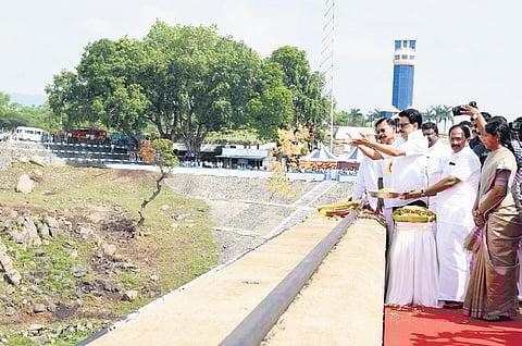 Chief Minister MK Stalin releases water for irrigation from the Stanley Reservoir at Mettur in Salem on Thursday 