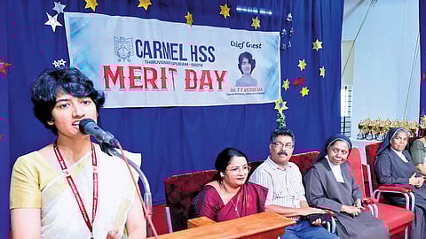 Special Secretary TV Anupama speaks at Carmel Girls’ Higher Secondary School, Vazhuthacaud, on Thursday