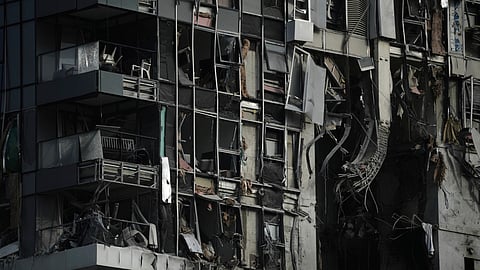 A residential building that was struck by a missile fired from Iran, is seen in Tel Aviv, Israel on Saturday, June 14, 2025. 