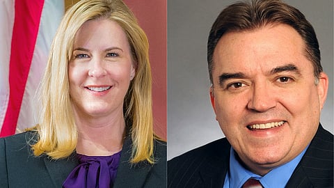 This combination of pictures created on June 14, 2025 shows
the official handout picture dated January 8, 2019 of Minnesota State Representative Melissa Hortman and an official handout picture dated November 11, 2020 of Minnesota State Senator John Hoffman a Democrat from Champlin.