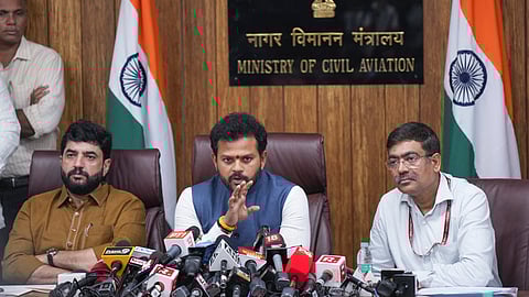 Union Civil Aviation Minister Ram Mohan Naidu Kinjarapu, along with  Samir Kumar Sinha, Secretary of the Ministry of Civil Aviation, addressing a press briefing on Saturday, June 14, 2025. 
