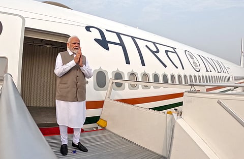 In this image via PMO, Prime Minister Narendra Modi emplanes for his visit to Cyprus, Canada and Croatia, in New Delhi, Sunday, June 15, 2025. 