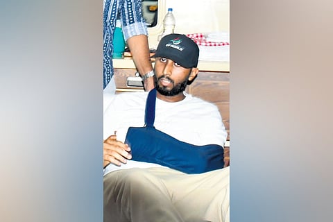 An injured Mohammed Hanif, who lost his wife Jasna Makkar and daughter Roohi Mehrin in the Kenya bus accident, is being shifted to an ambulance upon his arrival at the Kochi airport 