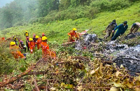 NDRF personnel at the spot after a helicopter crashed near the Kedarnath shrine, in Rudraprayag district, Uttarakhand, Sunday, June 15, 2025. At least seven people were killed in the incident.