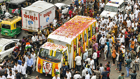 Mortal remains of former Gujarat Chief Minister Vijay Rupani  being taken to his hometown, Rajkot, on Monday, June 16, 2025.