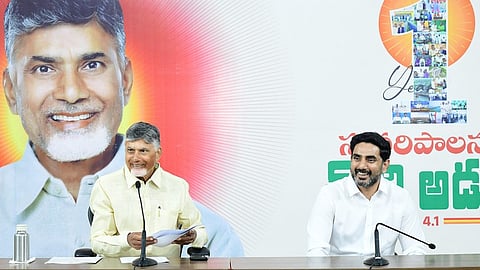 CM Nara Chandrababu Naidu and Minister Nara Lokesh during a press conference at Undavalli.
