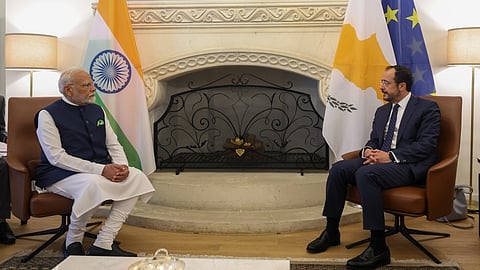 Prime Minister Narendra Modi with the Cyprus President Nikos Christodoulides on Monday.