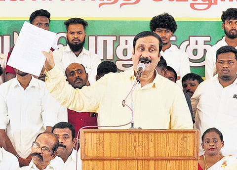 Anbumani Ramadoss addressing a PMK event in Vellore on Tuesday.