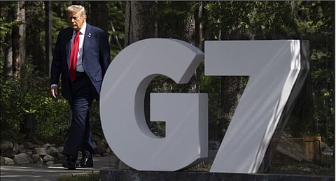 United States President Donald Trump makes his way to the official welcome at the G7 Summit in Kananaskis, Alberta, Canada, Monday, June 16, 2025