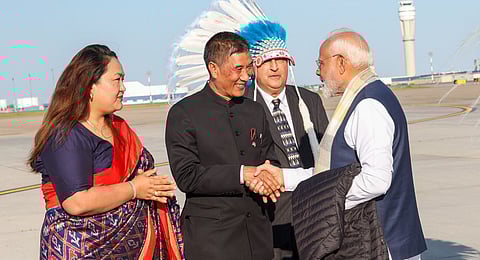 Prime Minister Narendra Modi being welcomed upon his arrival at Calgary airport in Canada on June 17, 2025.