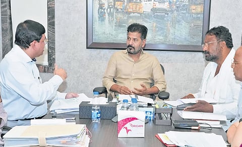 Chief Minister A Revanth Reddy at a review meeting with officials on Tuesday