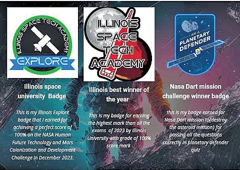 The bagdes that Shreyas Girish got for space-related work