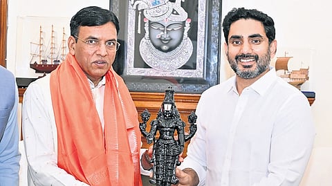 Minister for HRD and IT Nara Lokesh meets Union Minister for Youth Affairs and Sports Mansukh Mandaviya in New Delhi on Thursday 