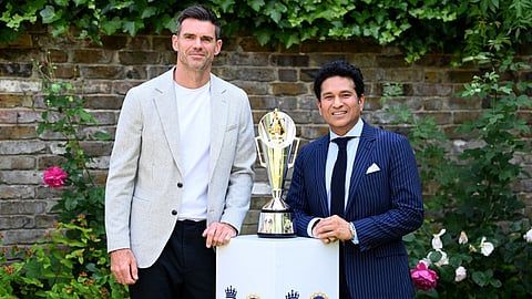England Pacer and Sachin Tendulkar pose with the Tendulkar-Anderson Trophy