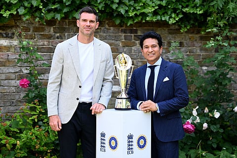 England Pacer and Sachin Tendulkar pose with the Tendulkar-Anderson Trophy