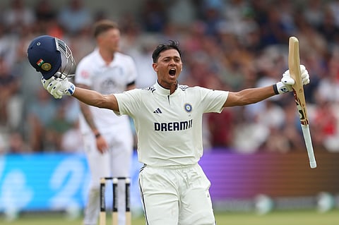 India's Yashasvi Jaiswal celebrates after scoring a century during the play on day one of the first cricket test match between England and India.