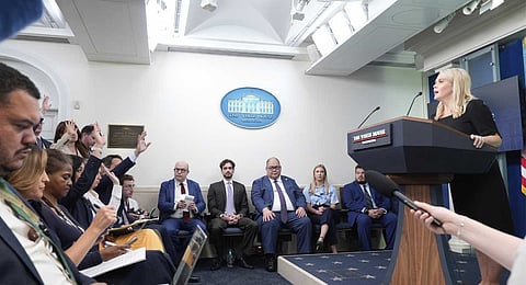 White House press secretary Karoline Leavitt speaks with reporters in the James Brady Press Briefing Room at the White House, Thursday, June 19, 2025, in Washington.