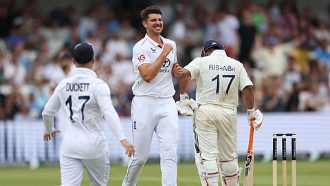 Josh Tongue (C) celebrates Rishabh Pant's wicket on Saturday