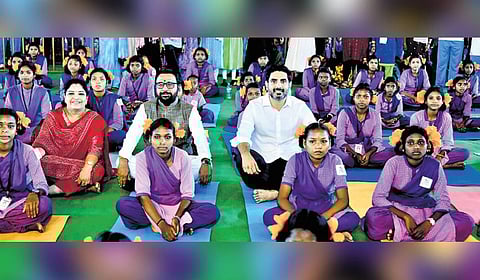 Union Minister Prataprao Jadhav & HRD Minister Lokesh take part in yoga 