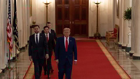 US President Donald Trump arrives to speak from the East Room of the White House in Washington, Saturday, June 21, 2025, after the US military struck three Iranian nuclear and military sites, directly joining Israel's effort to decapitate the country's nuclear program, with Vice President JD Vance, Secretary of State Marco Rubio and Defense Secretary Pete Hegseth.