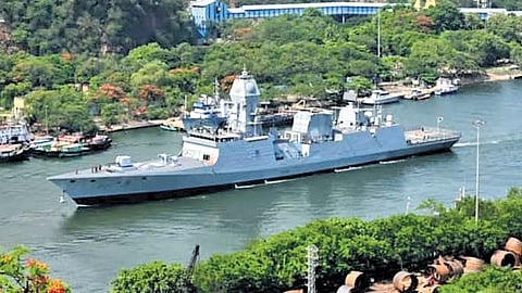 The ship was welcomed to Visakhapatnam with a traditional naval ceremony. 