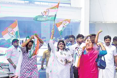Jubilant Congress workers celebrating Nilambur bypoll victory at Indira Bhavan in Thiruvananthapuram on Monday 