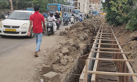 Traffic movement is slow due to developmental work on Khammam railway station road.
