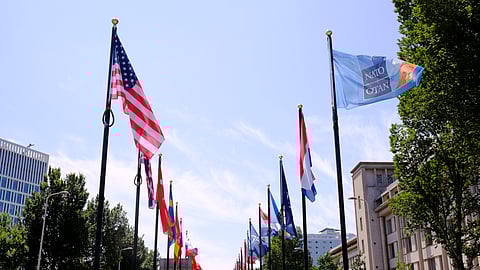 International flags on the venue ahead of the upcoming NATO summit in The Hague, Netherlands, Monday, June 23, 2025.