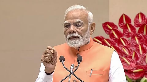 Prime Minister Narendra Modi addresses the centenary celebration meeting of the historic conversation between Sree Narayana Gurudev and Mahatma Gandhi at Vigyan Bhawan in New Delhi, Tuesday, June 24, 2025.