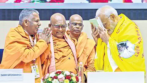 PM Narendra Modi at the centenary celebration of the historic meeting between 
Sree Narayana Guru and Mahatma Gandhi in New Delhi on Tuesday