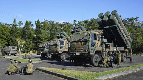 Type-88 surface-to-ship short-range missiles are deployed as part of a Japan-US joint military excercise on Tokunoshima island, Kagoshima prefecture, southern Japan on Oct. 28, 2024.