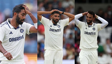 Jasprit Bumrah-led pace attack comprising Mohammed Siraj (C) and Prasidh Krishna (R) failed to defend a target of 371 runs in the first Test