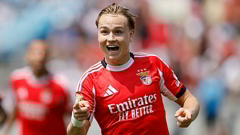 Benfica's Andreas Schjelderup celebrates after scoring during the Club World Cup Group C soccer match between Benfica and Bayern Munich in Charlotte, N.C., Tuesday, June 24, 2025.