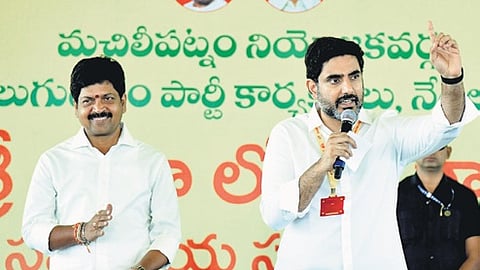 Minister for IT Nara Lokesh interacts with cadre in Machilipatnam on Wednesday. 