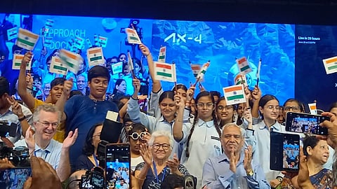 Group Captain Shubahnshu Shukla's parents -- mother Asha Shukla (extreme right) and father Shambhu Dayal Shukla (second from right) after the lift-off.