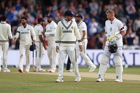 England's Joe Root, right, interacts with India's captain Shubman Gill after England won the first cricket test match against India at Headingley in Leeds, England, Tuesday, June 24, 2025.