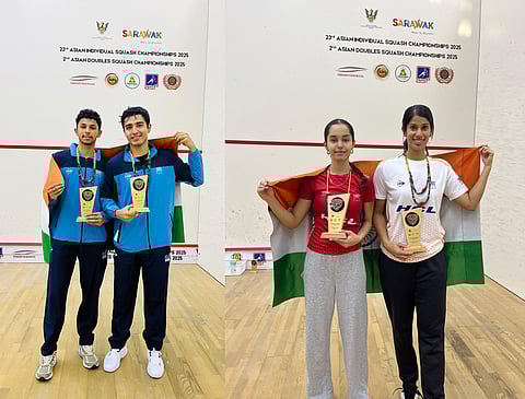 From (L) Velavan Senthilkumar & Abhay Singh with the men's doubles title; Anahat Singh and Joshna Chinappa with the women's doubles title