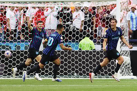 Inter Milan's Francesco Pio Esposito, right, celebrates after scoring his team's first goal during the Club World Cup Group E soccer match between Inter Milan and River Plate in Seattle, Wednesday, June 25, 2025. 