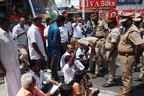 Lawspet MLA M. Vaithianathan staged a protest for Condemning Lack of Teachers in the Navalar Nedunchezhian Govt. Hr. Sec. School at Education department in Puducherry on Thursday.