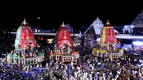 The three chariots parked in front of Shree Jagannath Temple in Puri on Thursday, a day ahead of Rath Yatra 