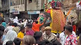 Agitated male elephant sprinting towards the crowd near Khadia crossroads.