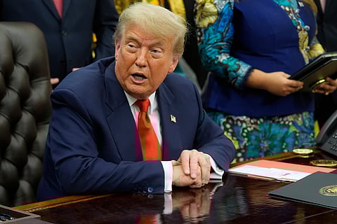 President Donald Trump speaks during a lunch with African leaders in the State Dining Room of the White House, Wednesday, July 9, 2025, in Washington. 