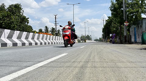 Sand accumulation on the Madurai road in Tiruchy on Saturday.