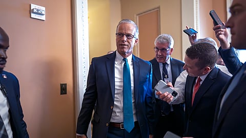 Senate Majority Leader John Thune, R-S.D., arrives for a closed-door Republican meeting to advance President Donald Trump's sweeping domestic policy bill, at the Capitol in Washington, Friday, June 27, 2025.